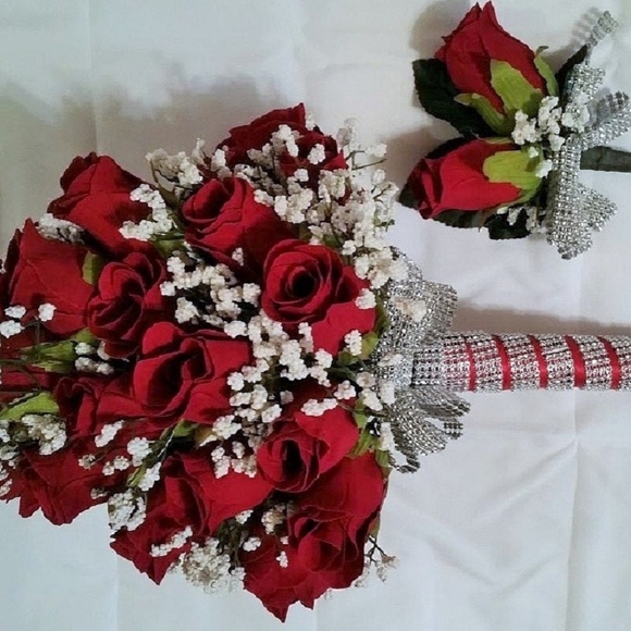 Red Rose Wedding Bridal bouquet & boutonniere set
